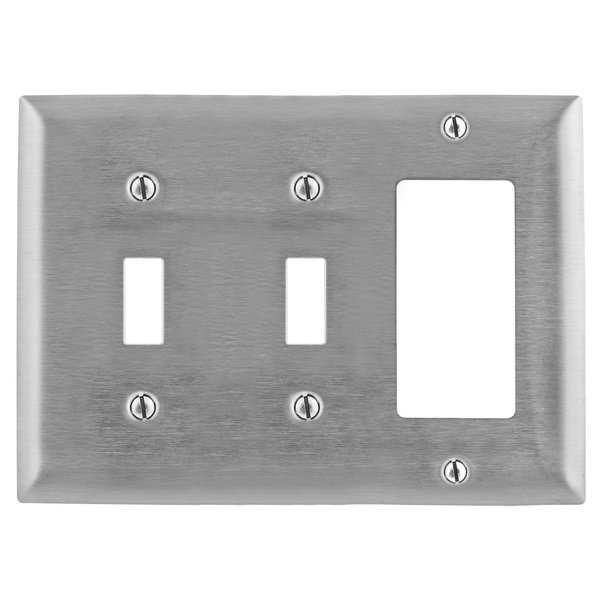 Hubbell Wiring Device-Kellems Wallplates and Boxes, Metallic Plates, 3- Gang, 2) Toggle 1) GFCI Openings, Standard Size, Stainless Steel SS226